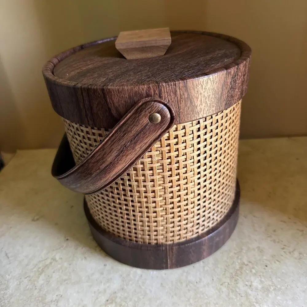 Mid Century Modern MCM Faux Wood Grain & Basket Weave Ice Bucket Bar